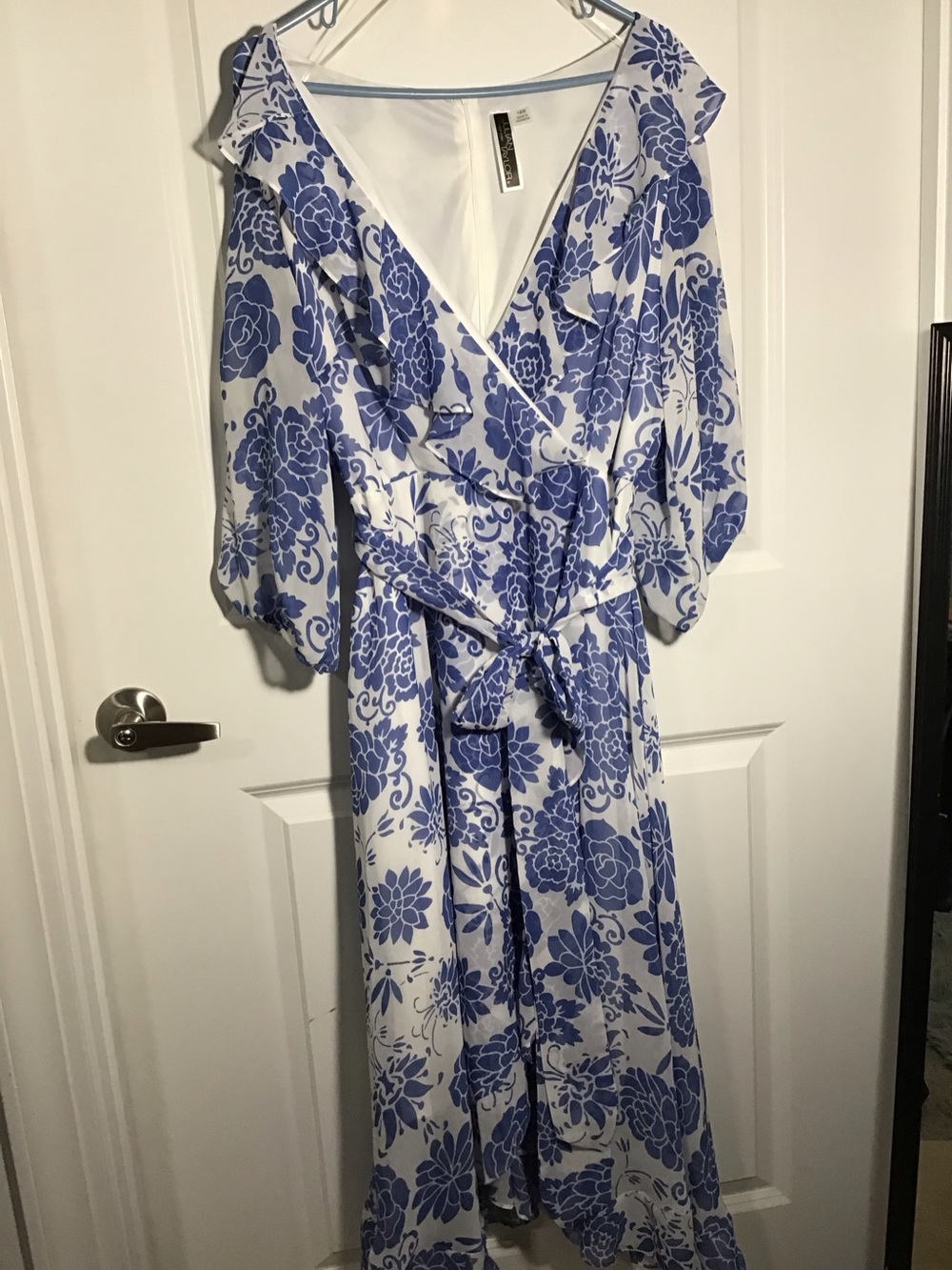 Julian Taylor White Dress with Blue Floral Print 14W